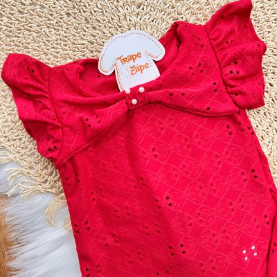 Conj. Blusa com Pérola e Short em Lese - Vermelho